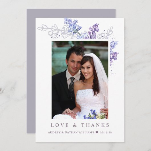 ロマンチックなラベンダーのフローラ写真結婚の感謝の気持ち サンキューカード (正面/裏面)