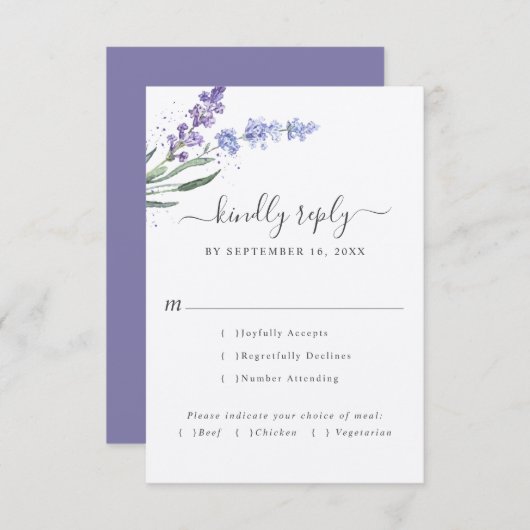 ロマンチックなラベンダーウォーターカラーフローラ |食事の選択 出欠カード (正面/裏面)