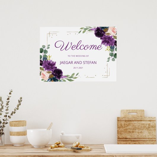 ロマンチックなラベンダーブルー結婚フローラの歓迎サイン ポスター (キッチン)
