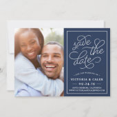 ロマンチックなリクエスト写真デートのカードを保存 |ネイビー セーブザデート (正面)