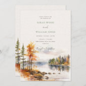 ロマンチックなリネン秋結婚レイク 招待状 (正面/裏面)