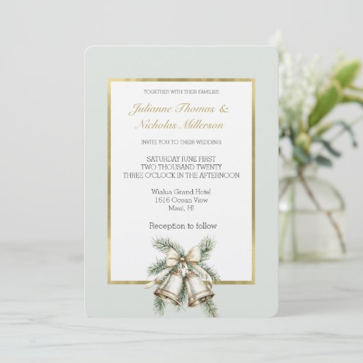 ロマンチックなルーラルグリーン・ホワイト・ゴールドベル・リボン ウェディング 招待状 (スタンド正面)