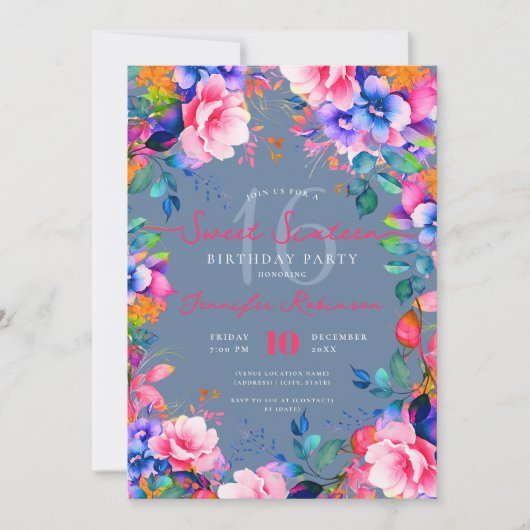 ロマンチックなレインボーガーデンフローラスウィート16ほこりっぽいブルー 招待状 (正面)