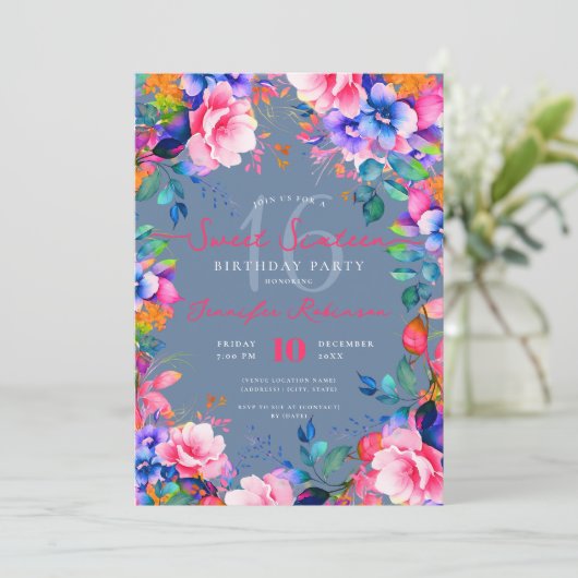 ロマンチックなレインボーガーデンフローラスウィート16ほこりっぽいブルー 招待状 (スタンド正面)