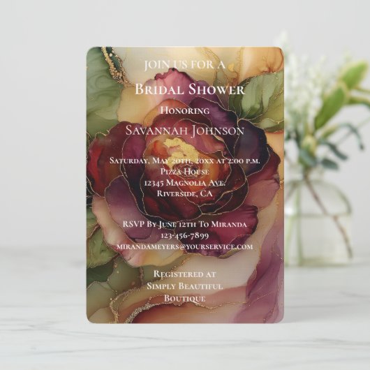 ロマンチックなレッドバーガンディーローズフラワーブライダルシャワー 招待状 (スタンド正面)