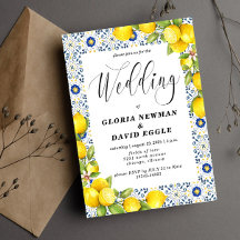 ロマンチックなレモンとブルータイル結婚式招待状