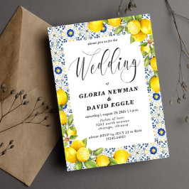 ロマンチックなレモンとブルータイル結婚式招待状 招待状