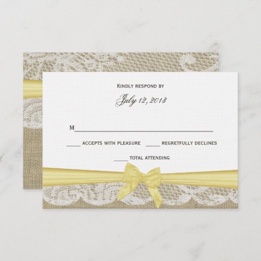 ロマンチックなレースと黄色い弓の反応 出欠カード (正面/裏面)