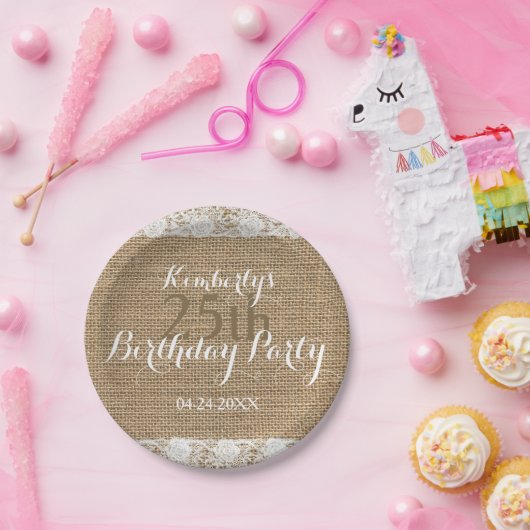 ロマンチックなレースのバーラップの第25誕生日の紙皿 ペーパープレート (パーティー)
