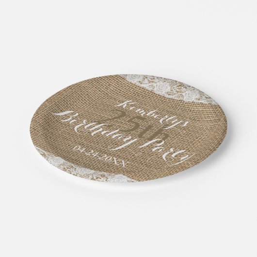 ロマンチックなレースのバーラップの第25誕生日の紙皿 ペーパープレート (アングル)