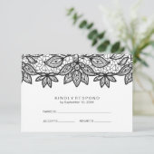 ロマンチックなレース白黒ウェディングRSVP 出欠カード (スタンド正面)