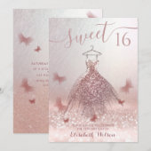 ロマンチックなローズゴールドのグリッタードレス バタフライ Invita 招待状 (正面/裏面)