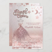 ロマンチックなローズゴールドのグリッター ドレス 天体 招待状 (正面/裏面)