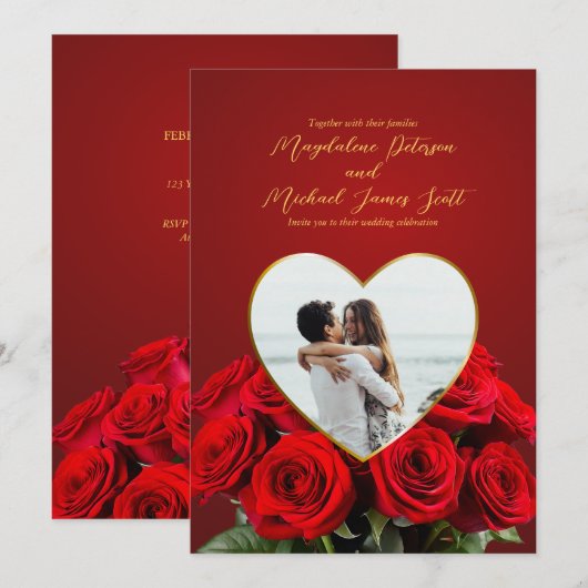 ロマンチックなローズブーケハートフレーム結婚フォト 招待状 (正面/裏面)