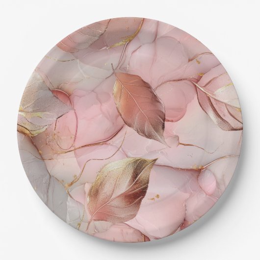 ロマンチックなローズ ブラッシュ ピンク ゴールドリーフ ブライダルシャワー ペーパープレート (正面)