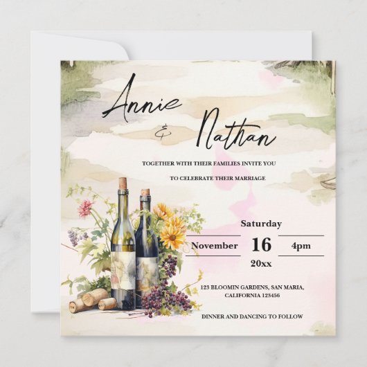 ロマンチックなワイナリーのブドウの木の結婚式招待状 (正面)