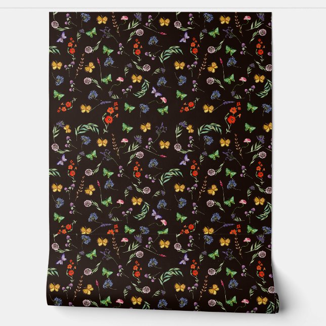 ロマンチックなワイルドフラワーと蝶の黒 壁紙 (ほどく)