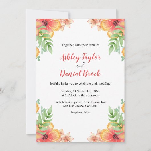 ロマンチックなワイルドフラワーウォータカラー結婚フローラ 招待状 (正面)