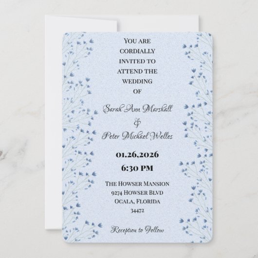 ロマンチックなワイルドフラワーデリケート濃い青フローラ 招待状 (正面)