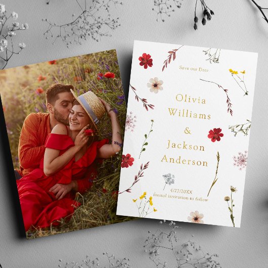 ロマンチックなワイルドフラワーフォトスクリプト日付を保存 箔招待状