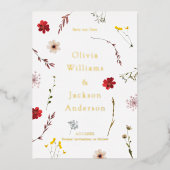 ロマンチックなワイルドフラワーフォトスクリプト日付を保存 箔招待状 (正面)