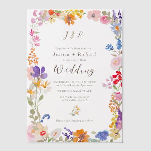 ロマンチックなワイルドフラワー結婚のフローラ ベラム紙招待状 (正面)