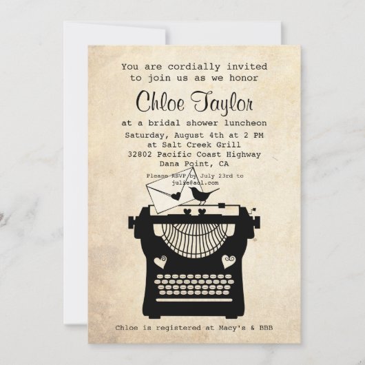 ロマンチックなヴィンテージのタイプライターのブライダルシャワーの招待 招待状 (正面)