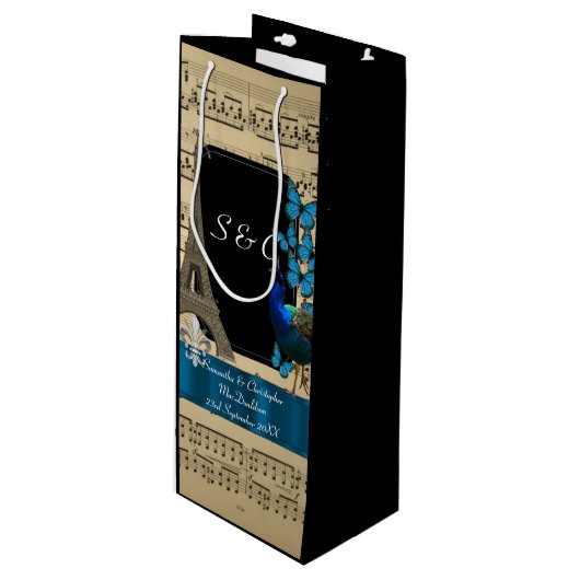 ロマンチックなヴィンテージのパリの名前入りな結婚式 ワインギフトバッグ (正面アングル)