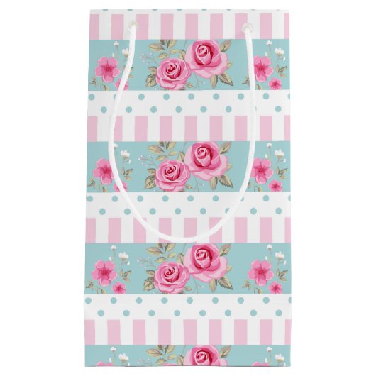 ロマンチックなヴィンテージのピンク及び真新しい花のバラパターン スモールペーパーバッグ (正面)