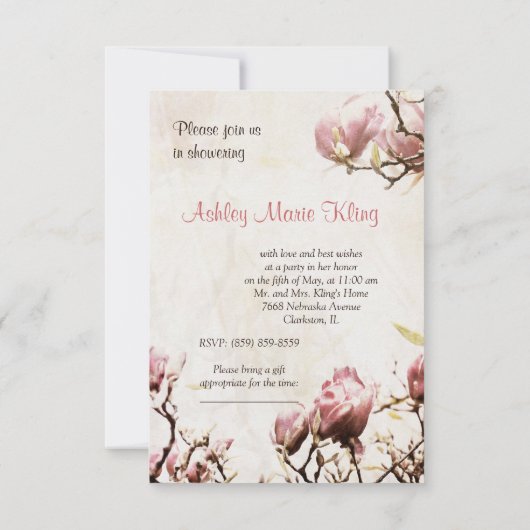 ロマンチックなヴィンテージのマグノリアのブライダルシャワーの招待状 招待状 (裏面)