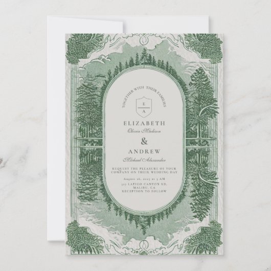 ロマンチックなヴィンテージの森の風景と山 招待状 (正面)