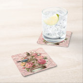 ロマンチックなヴィンテージの水色のフローラ鳥小屋 スクエアペーパーコースター (インサイチュ)