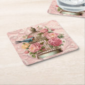 ロマンチックなヴィンテージの水色のフローラ鳥小屋 スクエアペーパーコースター (アングル)