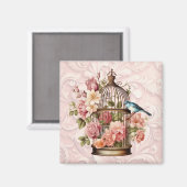 ロマンチックなヴィンテージの水色のフローラ鳥小屋 マグネット (正面/裏面)