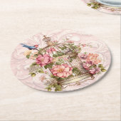ロマンチックなヴィンテージの水色のフローラ鳥小屋 ラウンドペーパーコースター (アングル)