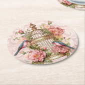ロマンチックなヴィンテージの水色のフローラ鳥小屋 ラウンドペーパーコースター (アングル)