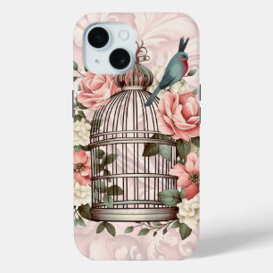 ロマンチックなヴィンテージの水色のフローラ鳥小屋 iPhone 15ケース