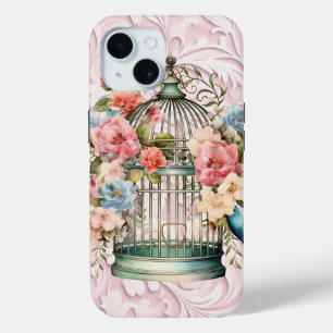 ロマンチックなヴィンテージの水色のフローラ鳥小屋 iPhone 15ケース