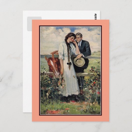 ロマンチックなヴィンテージカップルと絵画馬の ポストカード (正面/裏面)