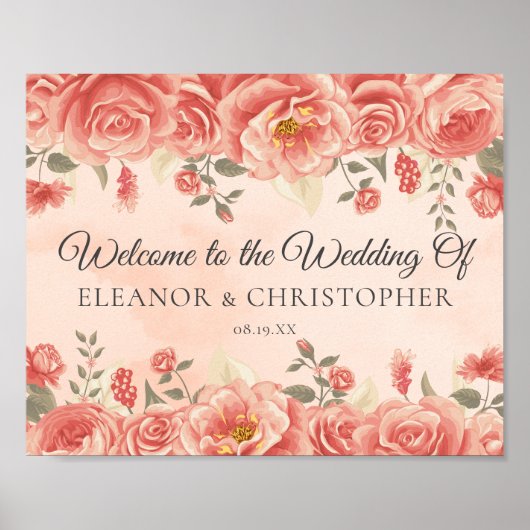 ロマンチックなヴィンテージコーラルバラ結婚ズの歓迎 ポスター (正面)