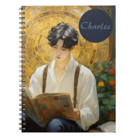 ロマンチックなヴィンテージスタイルアートオブボーイ読ズ ノートブック (正面)