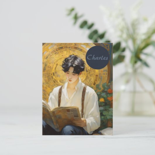 ロマンチックなヴィンテージスタイルアートオブボーイ読ズ ポストカード (スタンド正面)