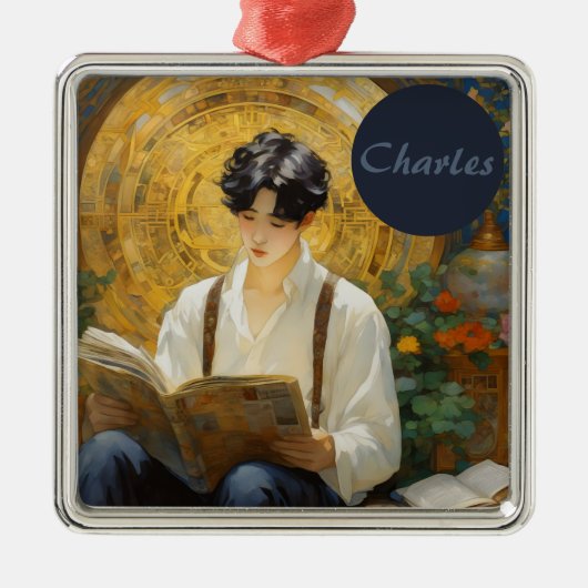 ロマンチックなヴィンテージスタイルアートオブボーイ読ズ メタルオーナメント (正面)