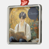 ロマンチックなヴィンテージスタイルアートオブボーイ読ズ メタルオーナメント (左)