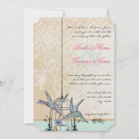 ロマンチックなヴィンテージハミングバードバ結婚ードケージ 招待状 (正面)