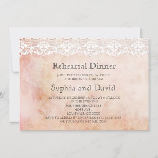 ロマンチックなヴィンテージバラとレースのリハーサルディナー 招待状 (正面)