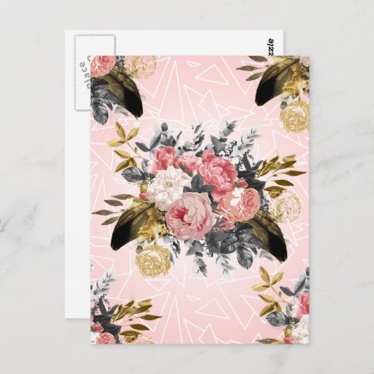 ロマンチックなヴィンテージバラと幾何学的デザイン ポストカード (正面/裏面)