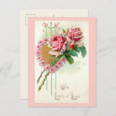 ロマンチックなヴィンテージバレンタインハートとバラ シーズンポストカード (正面/裏面)