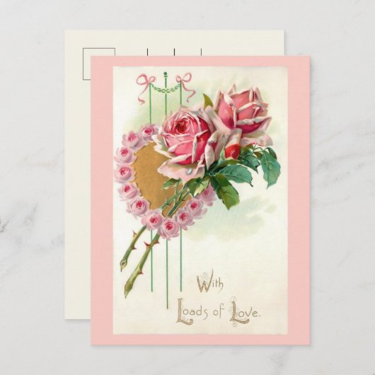 ロマンチックなヴィンテージバレンタインハートとバラ シーズンポストカード (正面/裏面)