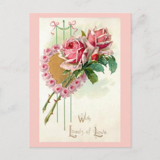 ロマンチックなヴィンテージバレンタインハートとバラ シーズンポストカード (正面)